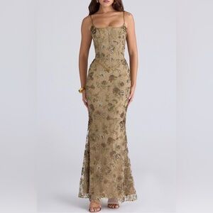House Of CB Elegant Gold Floral Embroidered Gown
